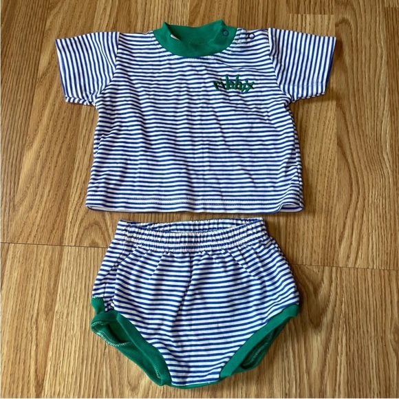 VTG BABY INC BLUE WHITE STRIPED FROG GRAPHIC TWO PIECE OUTFIT SIZE 6/9 MONTHS - Picture 2 of 4